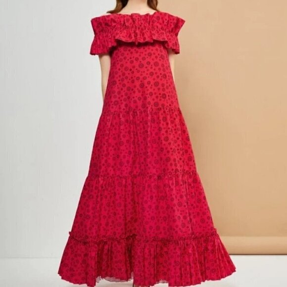 Floral Print Cold Shoulder Ruffle Trim Smock Maxi Dress red - Picture 4 of 8